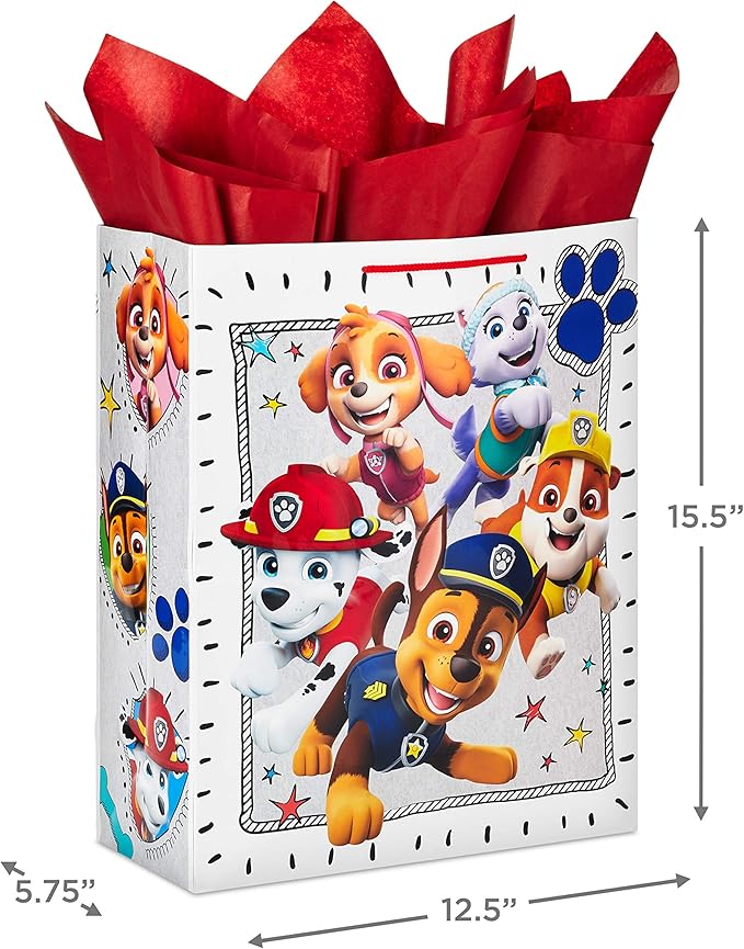 Hallmark 15" Extra Large Paw Patrol Gift Bag with Tissue Paper for Birthdays, Kids Parties, Christmas, Holidays