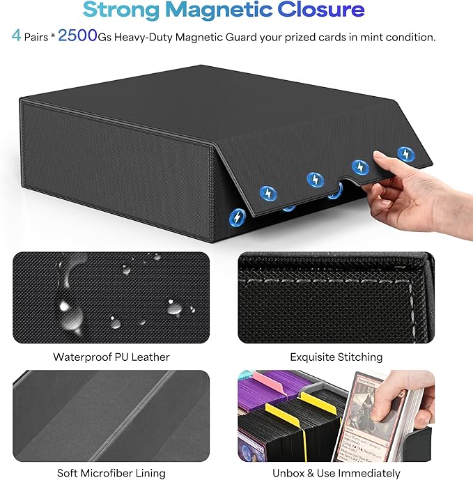 UAONO Trading Card Storage Box, Holds 2400 Sleeved Cards with 24 Dividers & 4 Stoppers, Magnetic Closure PU Leather Card Case for MTG, PTCG, YGO, Sports Cards (Black&Gray)