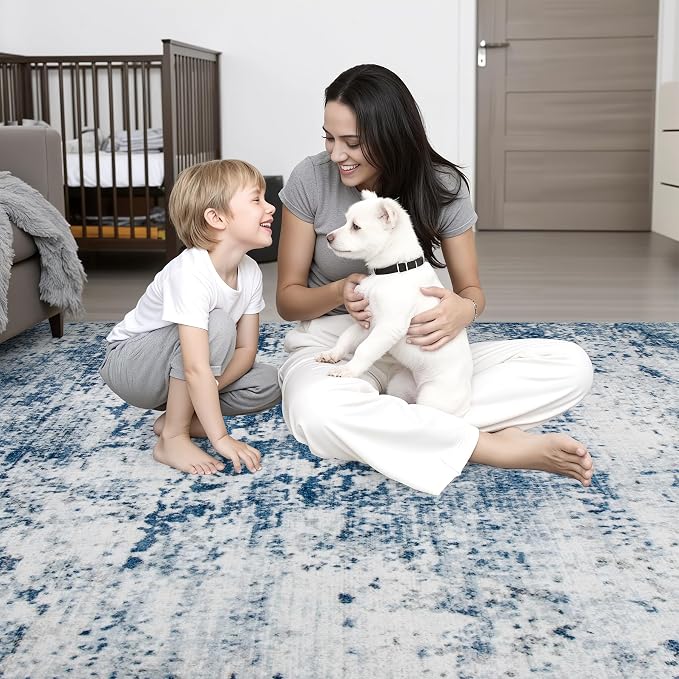 Washable Area Rug 2x3 Entryway Rug: Washable Modern Abstract Soft Thin Rug Indoor Floor No Slip Stain Resistant Carpet for Bedroom Dining Room Farmhouse Nursery Home Office - Blue