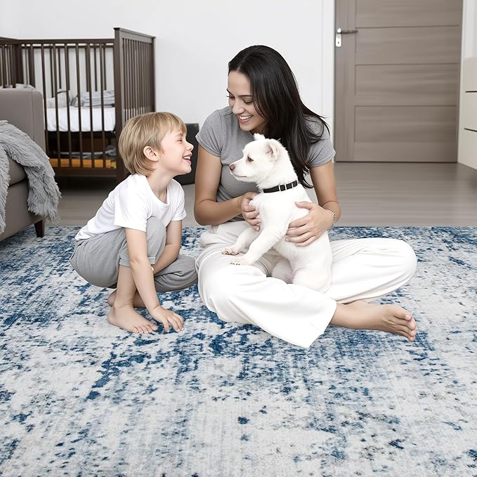 5x8 Area Rug Living Room Rug: Washable Modern Abstract Soft Thin Rug Indoor Floor No Slip Stain Resistant Carpet for Bedroom Dining Room Farmhouse Nursery Home Office - Blue