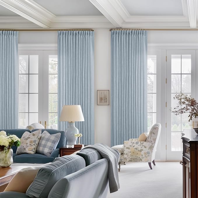Dusty Blue Pleated Linen Curtains 96 Inches Long for Living Room 2 Panel Set Semi Sheer Light Filtering Pinch Pleat with Rings Hooks Drapes Boho Farmhouse Light Blue Grey Curtain Bedroom Window