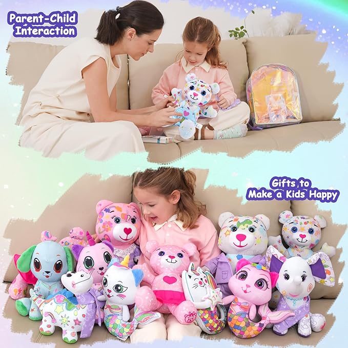 Stuffed Animal Coloring Plush Toy with 20 Washable Markers Laser Holographic Backpack Road Trip Car Game Writing Painting Set for Girls Doodle Dolls Kids Ages 3-6 Birthday(Blue Bear)