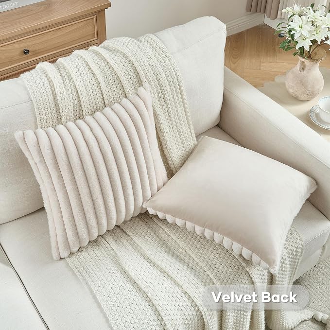 FUTEI Pack of 2 Faux Fur Throw Pillow Covers 20x20 Inch, Light Beige | Fluffy Faux Rabbit Fur Front/Premium Velvet Back,Hidden Zipper,Machine Washable,Non-Shedding,Colorfast,Insert Not Included.