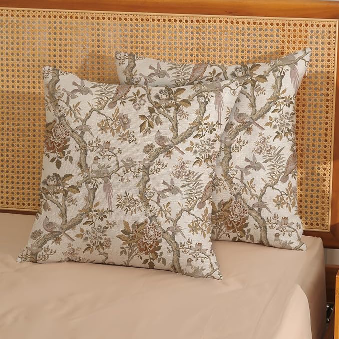 Chinoiserie Pillow Covers 18x18 Set of 2 Brown Bird Floral Throw Pillows Vintage Flowers Bird Decorative Pillowcase Farmhouse Linen Cushion Case Decor Outdoor Throw Pillows for Couch Sofa