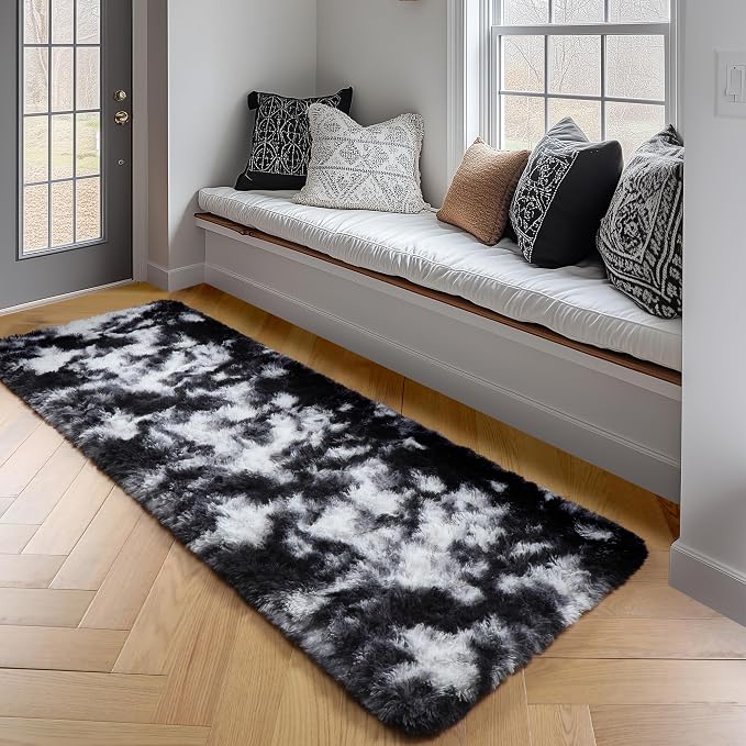 Amdrebio Black White Grey Runner Rugs 2x6 for Bedroom Living Room Decor, Fluffy Fuzzy Shag Bedside Area Rug for Kids Room Dorm Home Office, Cool Shaggy Plush Floor Modern Carpet for Teen Boys Men