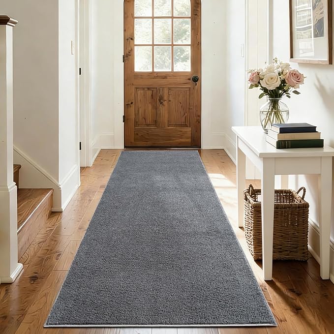 FinRèc 2x6 Washable Runner Rugs for Kitchen Hallway Bedroom, Low Pile Thin Rug Solid Color, Non-Slip Carpet Indoor for Home Decor (Pure Dark Grey)