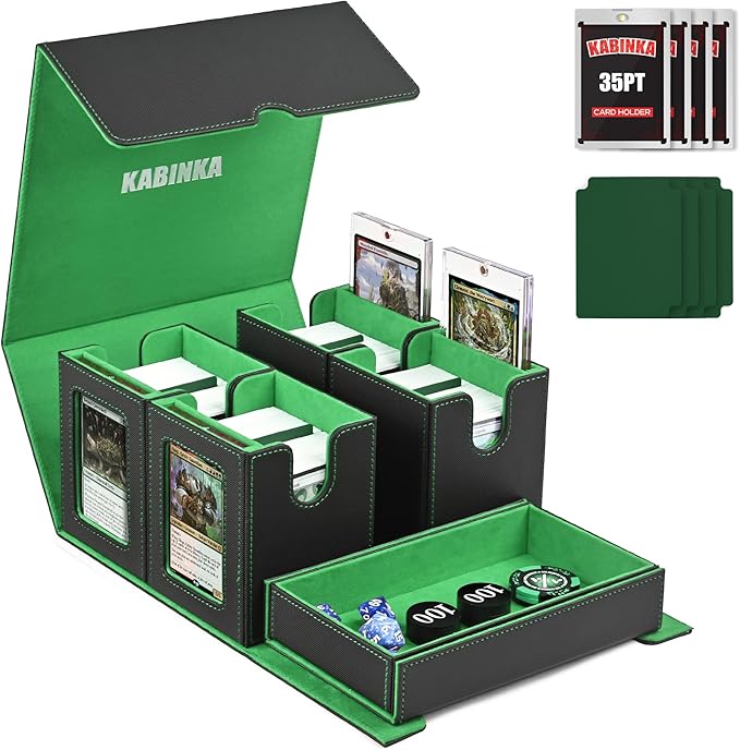 Kabinka Card Deck Box for MTG Commander, Holds 400+ Double-Sleeved Cards, 5 IN 1 Detachable Card Case with Dice Tray, Fits Magic/TCG Cards, 4 Magnetic Card Holders & Dividers (Black Green)