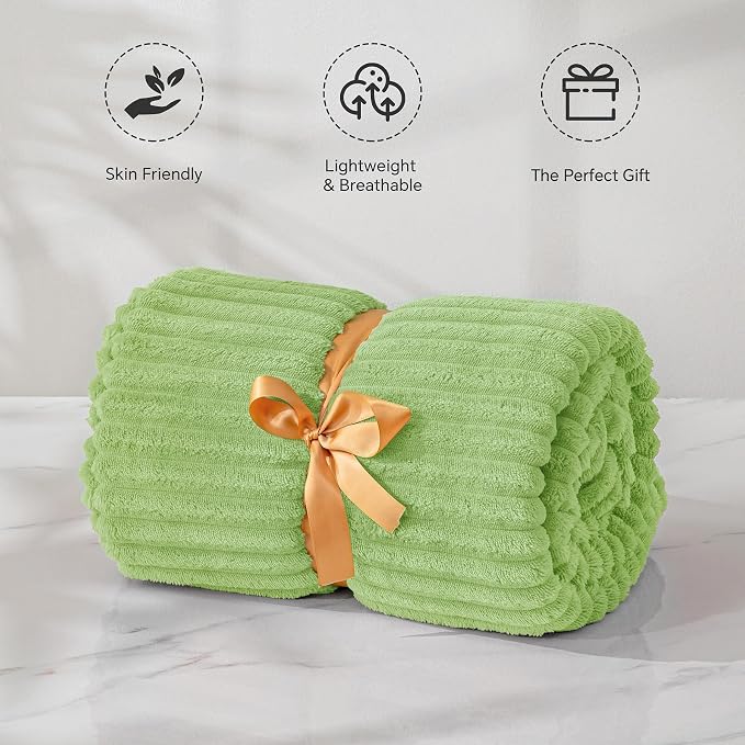 BEDELITE Ribbed Jacquard Green Fleece Twin Blanket for Bed, 60x80 Inch | Soft Warm Decorative Fluffy Blanket, Cozy Plush Lightweight Fuzzy Throw Blanket for Couch Sofa Room Decor, Gift for Women