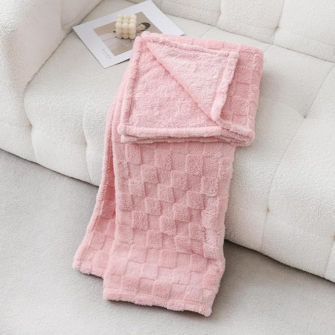 Light Pink Fleece Throw Blanket 50”×60”Checkered Design for Couch | Super Soft Cozy Plush Microfiber 3D Square Pattern Flannel Blanket for Sofa Bed Lightweight for Adults,Women