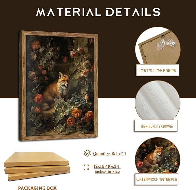 Framed Dark Academia Fox Canvas Wall Art, Sitting Fox Surrounded by Flowers, Elegant Vintage Botanical Poster, Fine Art Print for Living Room Bedroom Study – Dark Wooden Frame 12x16in
