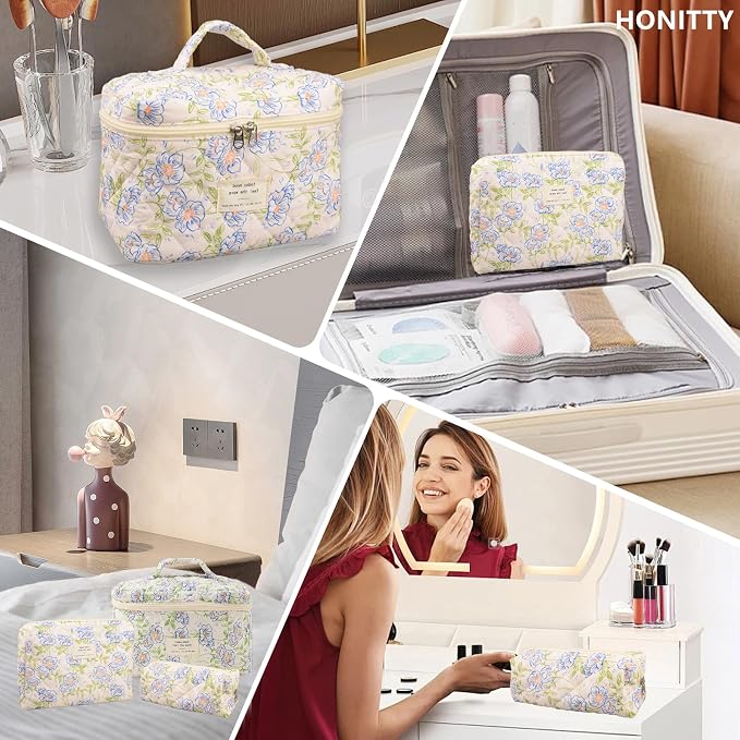 honitty Makeup Bag,Quilted Cosmetic Bags,Large Floral Make Up Organize bag,Makeup Bag Set for Women,Flower Travel Toiletry Bag