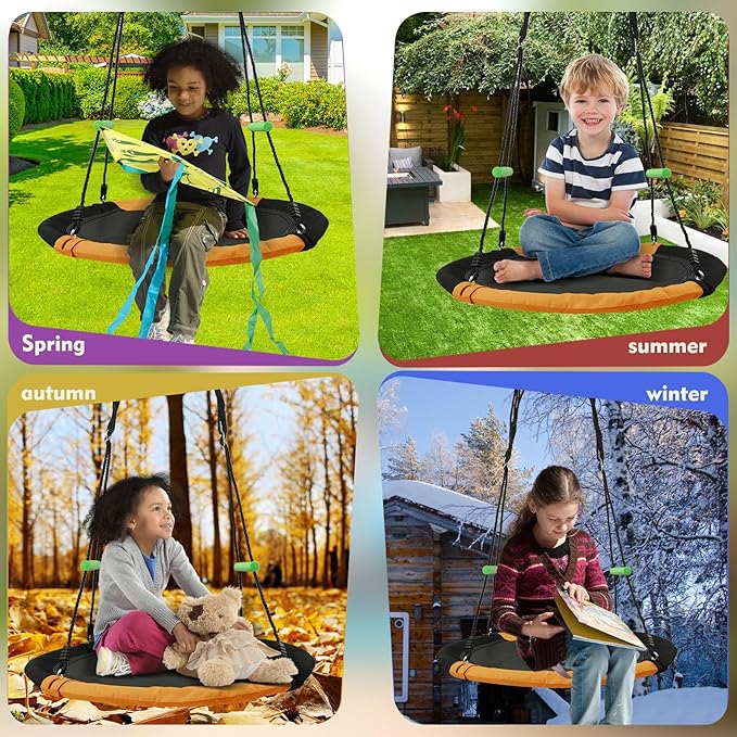 YSEJOMP 3.3FT Round Saucer/Tree Swing with Handles -Made of Sturdy Frame,PP Mat,Adjustable Multi-Strand Ropes,Safe and Durable for Yard Garden Playground Park (Black and Orange, 40 inches)