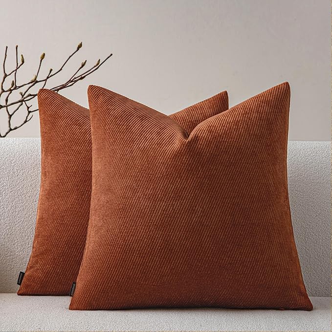 a moment Fall Decorative Throw Pillow Covers Pack of 2,22x22 Inch Rust | Twill Chenille Cushion Covers for Sofa Living Room Couch Bed