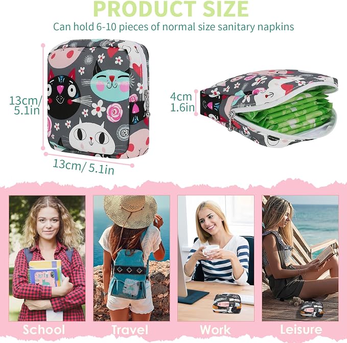 Sanitary Pad Storage Bag Portable Period Bag for Teen Pads/Sanitary Napkins/Small Tampons, Sanitary Napkin Storage Bag First Period Gifts for Teen Girls (Bowknot Star Cats)