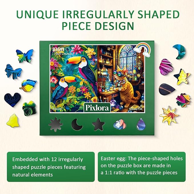 Puzzles 1000 Pieces for Adults, 2 Pack Unique Shape Puzzles for Adults, Toucans and Science Cat Theme, Fun Games in Party