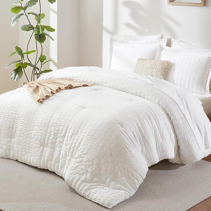 CozyLux Oversized Queen Comforter Set White Seersucker 7 Pieces 98x98 Bed in a Bag Comforter Set with Sheets, Luxury Soft Bedding Sets with Down Alternative Comforter, Sheets, Pillowcases & Shams