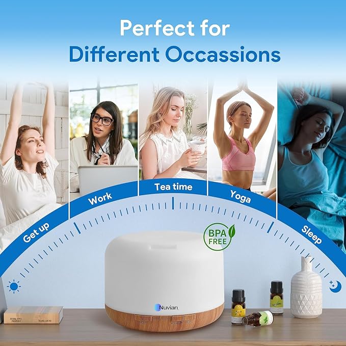 NUVIAN 500ml Essential Oil Diffuser, 5 in 1 Premium Ultrasonic Aromatherapy Fragrant Oil Vaporizer Humidifier with Remote Control, 3 Timer and Auto-Off Safety Switch, 7 LED Light Colors