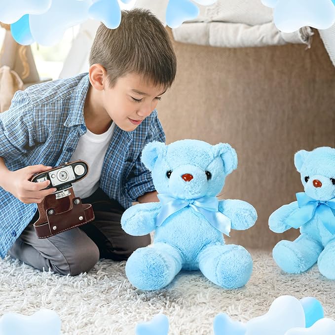 Aoriher 6 Pcs Bear Stuffed Animal Bulk Baby Shower Bear Plush Toys Soft Cute Sleeping and Playing Decorations for Kids Back to School Gift Baby Shower Birthday Party Favor(Blue)