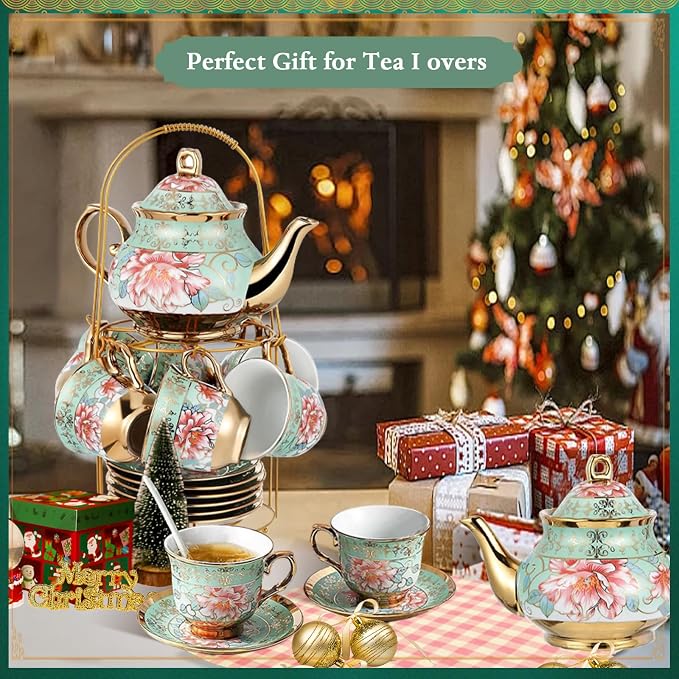 20Pcs European Ceramic Tea Set with Metal Stand, Porcelain Vintage Floral Tea Cup and Saucer Set for 6 People, Complete Gift Set with Teapot, Spoons for Wedding, Bridal Shower, Afternoon Tea Party
