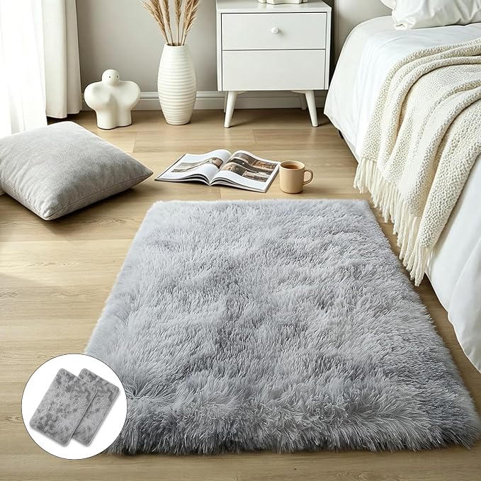 Light Grey Fluffy Shag Rug 2x3, 2 Pcs Soft Fuzzy Plush Washable Carpet | Non Slip comfy shaggy furry rug for bedroom, living room, kids room, nursery, dorm, boys and girls