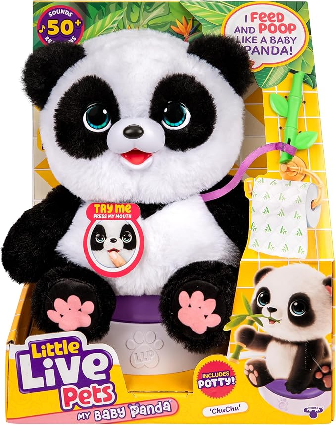 Little Live Pets My Baby Talking Panda ChuChu, Cuddly Panda Toy Plush with 50+ Sounds, Potty Dance, Kick, Feed, Kids Interactive Animal Toys Ages 4+