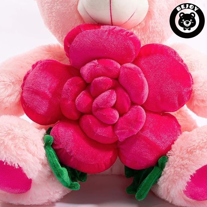 BEJOY Teddy Bear Stuffed Animals Plush Bear Holding Rose Soft Plush Toy Gifts 16 inches Pink