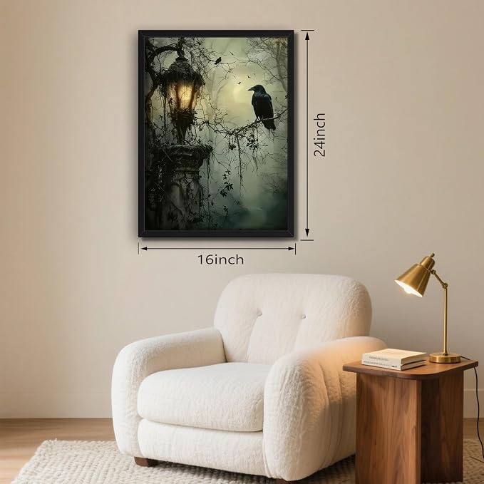 Gothic Decor Framed Wall Art, Vintage Dark Academia Canvas Prints, Horror Forest Crow Wall Decor for Living Room Bedroom Home Decor – Black Wooden Frame 16x24in