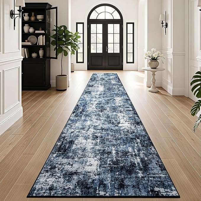 Rugflix 3x20 Runner Rug for Hallway, Washable Navy Blue Long Runners | Machine Washable; Stain-resistant; Low Pile; Non-slip; Modern Abstract; Black Carpet for Entrance Kitchen Hallway Home