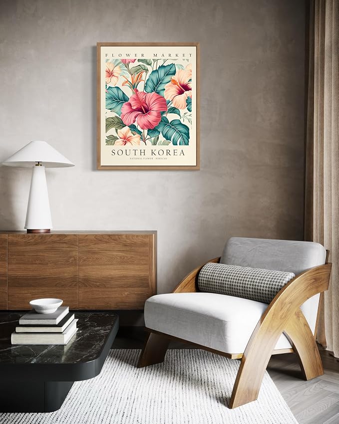 South Korea Flower Market Art Print Poster, Wall Art Floral Painting Botanical Decor for Bedroom, Kitchen, Bathroom Livingroom Decoration 82B (South Korea, 20"L x 16"W, Wood Frame)