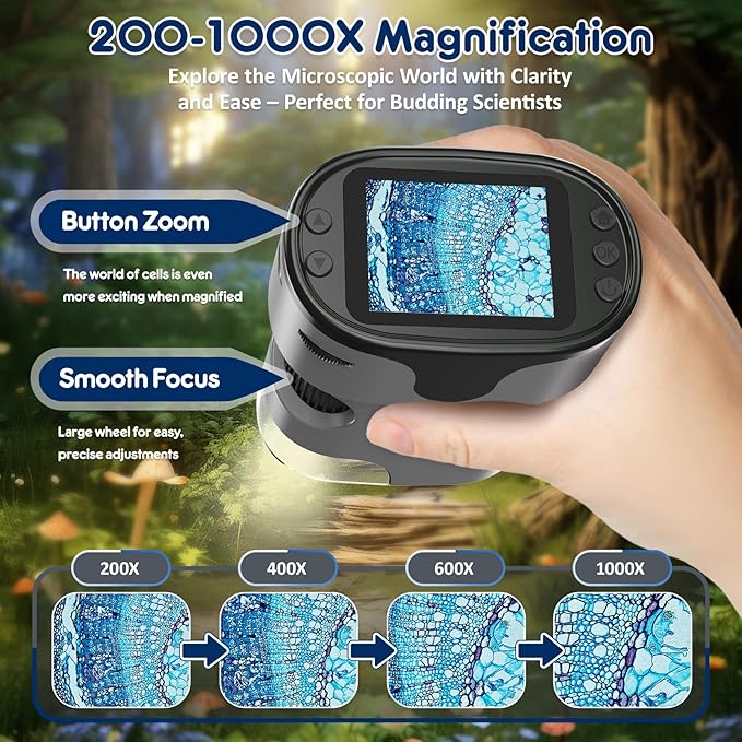 1000X Handheld Microscope for Kids 4K 2.0" Screen Rechargeable Mini Pocket Digital Microscopes w/Slides Kit Portable Edu Gift Age 4-6 8-12 Children Students (Grey)