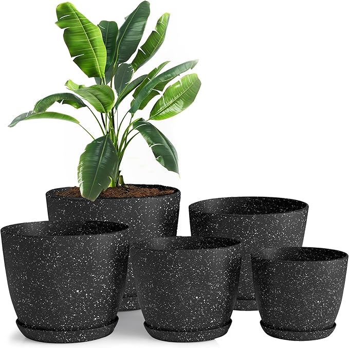 Plant Pots Indoor with Drainage 5 Pack Multi-Size Planters Set Spotty Black | Drainage holes included Multiple sizes 7/6.6/6/5.3/4.8 In Indoor plants and flowers Durable plastic construction