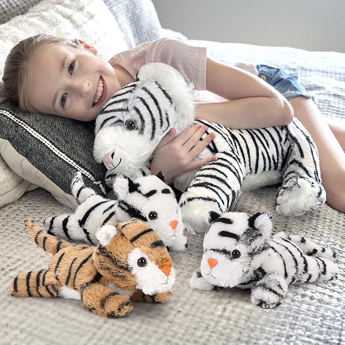 MaoGoLan 4Pcs White Tiger Stuffed Animals, 17.7 inches Large Tiger Plush Toy Set, Stuffed Mommy Tiger with 3 Cubs, Gifts for Boys Girls, Birthday Christmas Festive Decor