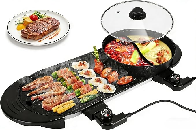 Electric Hot Pot with Grill, 2200W Shabu Shabu Korean BBQ Grill Cooker, 2-IN-1 Indoor Smokeless Non-Stick Hotpot, Separate Temperature Control, 5 Gears Firepower, for 2-10 People