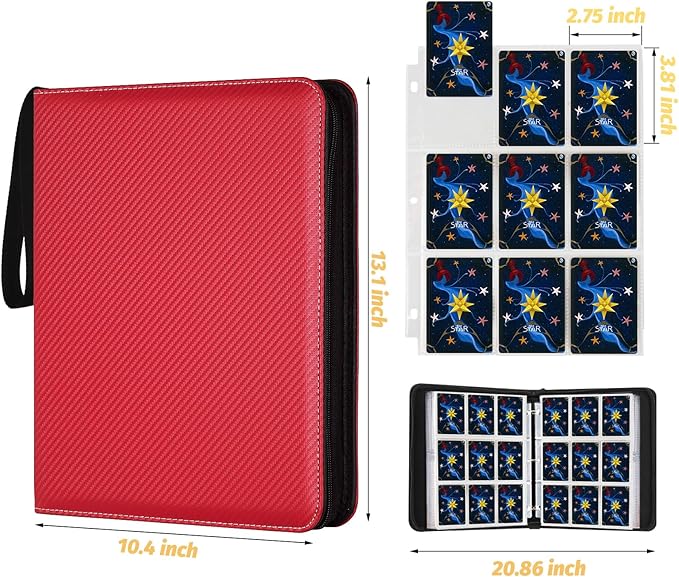 Trading Card Binder, 900 Pockets Card Binder, 9-Poccket Sided Pocket Sports Card Binder, Premium Card Binders Compatible with MTG, TCG, Baseball Cards(Carbon Red)