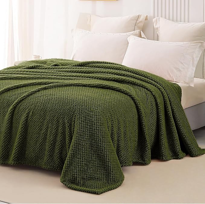 Whale Flotilla Soft Fleece Queen Size Bed Blanket, Olive | 90x90 Inch, Suitable for Bed, Fluffy Fuzzy Jacquard Blankets for All Season, Lightweight and Cozy