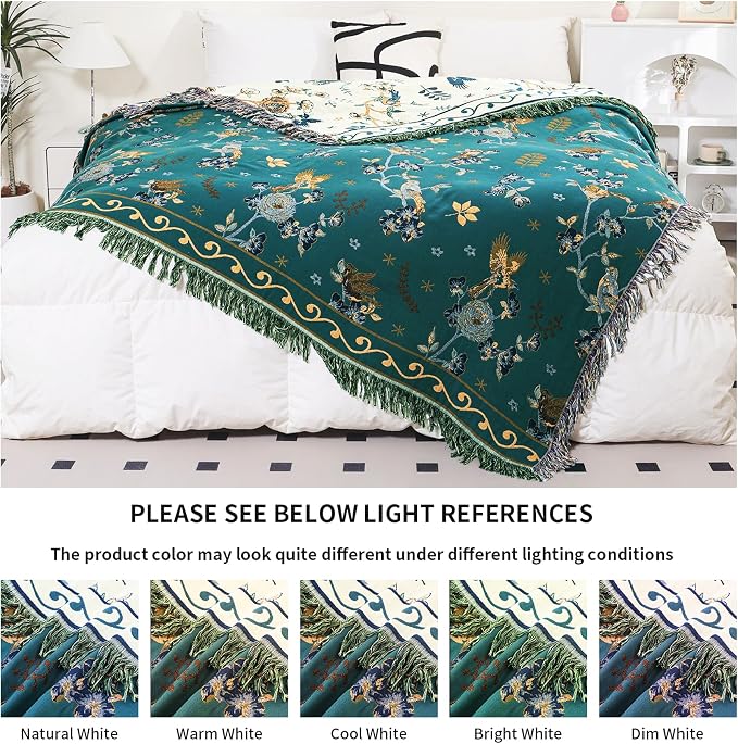 VANJOROY Boho 100% Cotton Large Throw Blanket - All Season Rustic Ultra Soft Breathable Floral Bird Blanket for Bed Sofa Couch Chair Bedspread Quilt Gift, 80" x 90"-Teal/Beige
