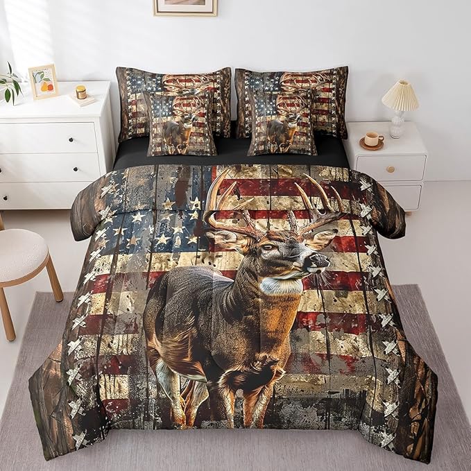 Feelyou Deer Hunting Comforter Set with Sheets American Flag 7 Piece Bedding Set Twin Size for Kids Boys Girls Wild Animal Deer Bed in a Bag Soft Down Bedding Comforters