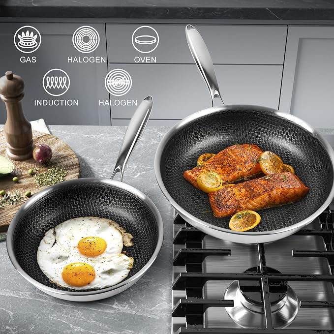Innerwell 12" Non Stick Frying Pans,Stainless Steel Nonstick Frying Pan | Honeycomb Nonstick Coating, PFOA-free & Non-Toxic. Compatible with All Stoves, Easy to clean.Oven &Dishwasher Safe