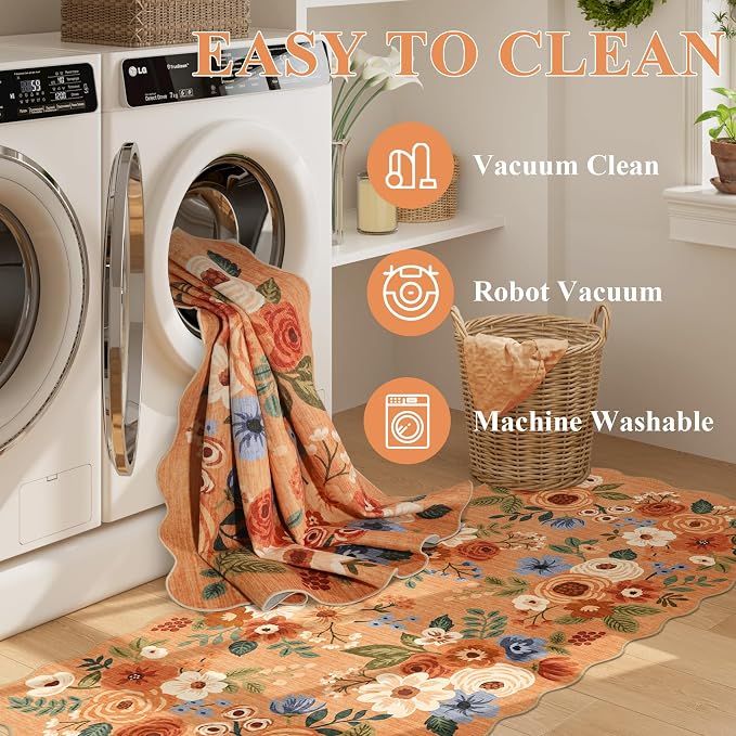 DUKINO 2x6 Runner Rug, Floral Washable Rug for Kitchen Non Slip, Orange | Soft, Low Pile, Non-Shedding Long Runner Rugs for Kitchen, Entryway, Bedroom, Bathroom, Pet Friendly, Home Decor, Ultra-Thin