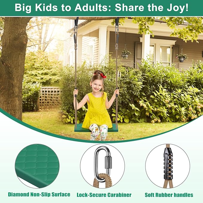 SELEWARE Heavy Duty Swing Seat with Adjustable Rope, 300lbs Capacity Non-Slip Plastic Tree Swing for Kids, Playground Swing Set Accessories Replacement with Snap Hooks for Indoor Outdoor Use (Green)