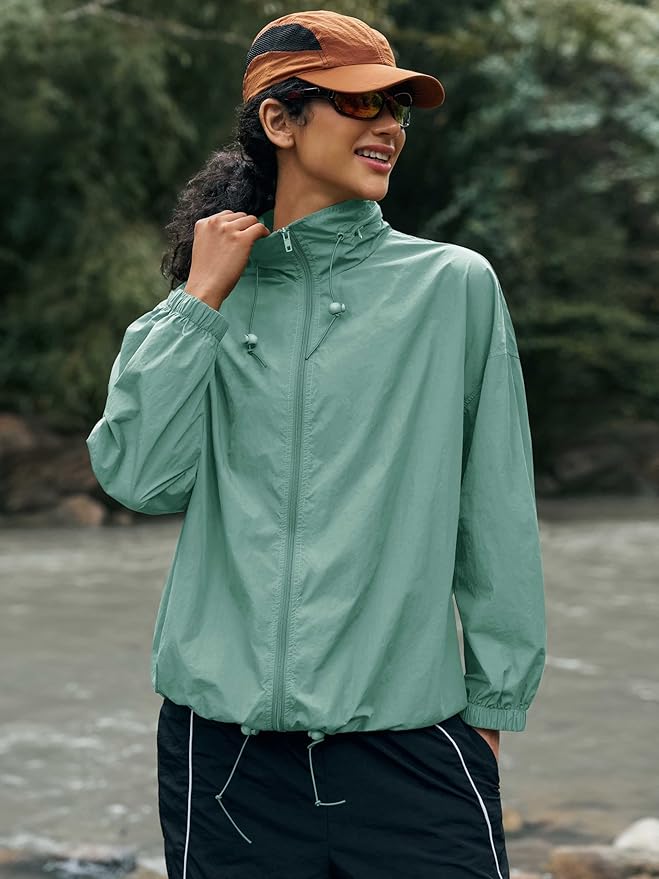 Yousify Womens Waterproof Rain Jackets Lightweight Zip Up Raincoat Outdoor Hiking Hooded Windbreaker with Pocket