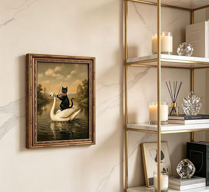 Vintage Gold Framed Black Cat Wall Art,Dark Academia Swan Painting Canvas Print,Moody Cottagecore Cute Animal Wall Decor, Rustic Farmhouse Animal Poster Artwork for Living Room Bedroom Bathroom