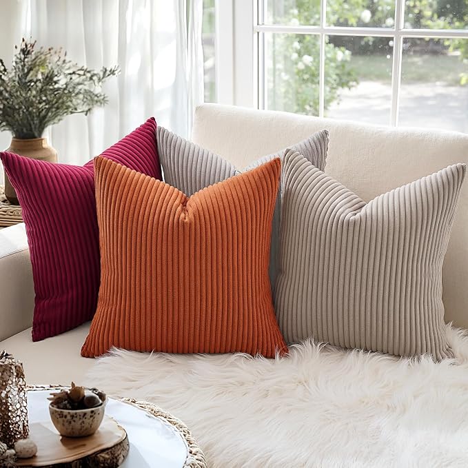 MIULEE Decorative Corduroy Throw Pillow Covers Set of 2 18x18 Light Brown | Soft Striped Textured Cushion Cases, Boho Rustic Square Pillowcases for Home Decor, for Couch Chair Sofa Bed Living Room