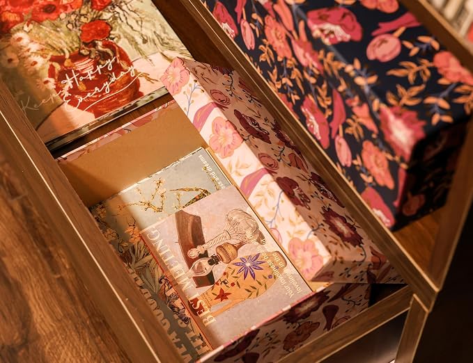 3-Piece Decorative Storage Boxes with Lids, Tulip Cherry Blossom with Gold Foil, Cardboard Paperboard Keepsake box Set, Photo Storage Box for Memory, Home Decor, Modern Decoration Organizer