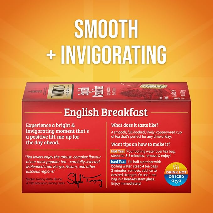 Twinings English Breakfast Black Tea Individually Wrapped Bags, 20 Count (Pack of 1), Flavourful, Robust, Caffeinated, Enjoy Hot or Iced, 20 Teabags