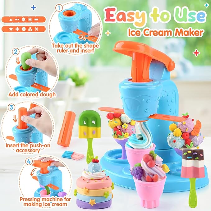 WeeHomm 4 in 1 Color Dough Set Kitchen Creations with Ice Cream/Cake/Noodle/Hamburger Maker Machine, Arts Crafts Play Food Toys Tools Kit for Boys Girls Kids Toddlers Ages 3+ , 24 Dough