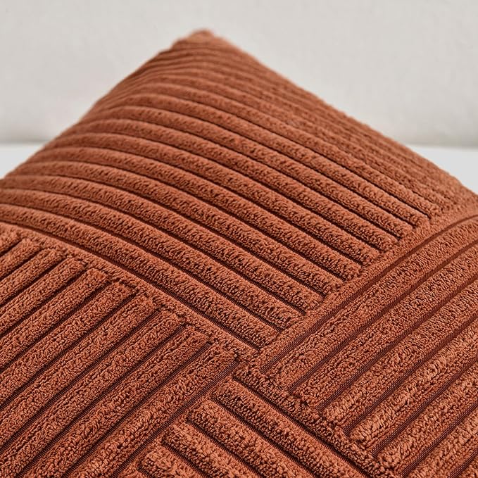 Fancy Homi 2 Packs Rust Lumbar Decorative Throw Pillow Covers 20x28 Inch for Couch Bed Sofa, Rustic Farmhouse Boho Home Decor, Soft Striped Corduroy Rectangle Accent Terracotta Cushion Case 50x70 cm