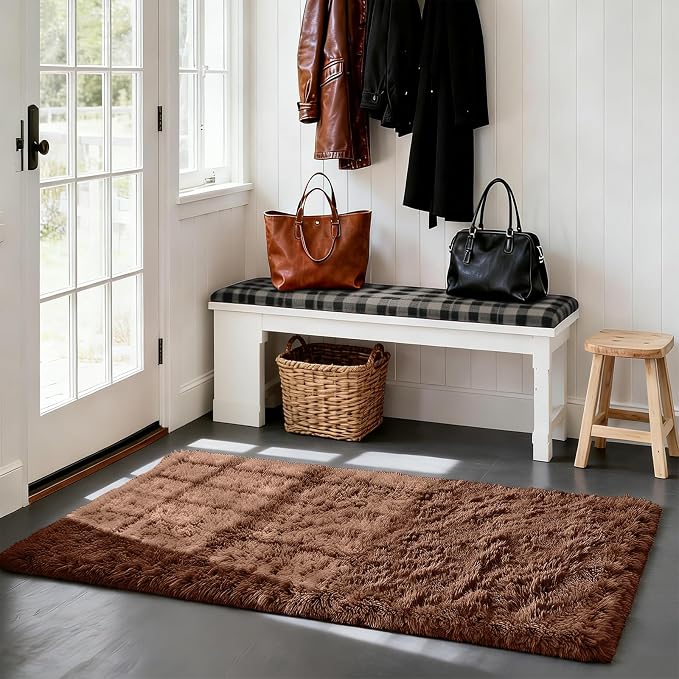 Soft Runner Rugs for Bedroom, Brown 2x6 Area Rugs Fluffy Rug Shag Area Rug Carpet, Bedside Rug for Living Room Bedroom Room Home Decor