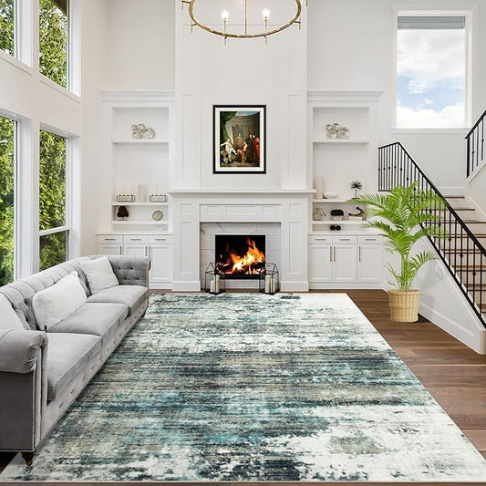 8x10 Area Rugs Washable Rug: Large Modern Abstract Living Room Rug Soft Anti-Skid Thin Carpet Indoor Floor Non-Shedding Carpets for Bedroom Dining Room Farmhouse Nursery Home Office Green Multi