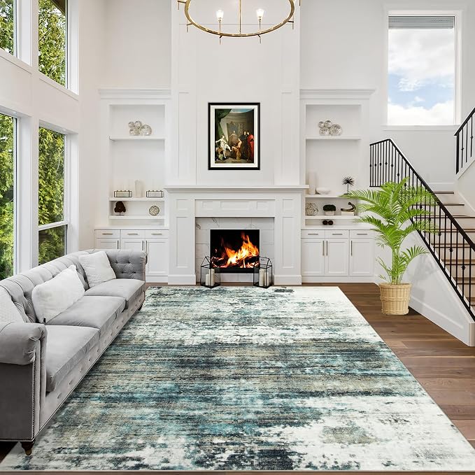 4x6 Area Rugs Washable Rug: Modern Abstract Living Room Rug Soft Anti-Skid Thin Carpet Indoor Floor Non-Shedding Carpets for Bedroom Dining Room Farmhouse Nursery Home Office - Green Multi